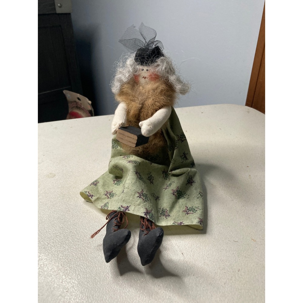 Primitive Folk Art Sitting Doll Green Floral Dress Fur Shawl Holy Bible Decor